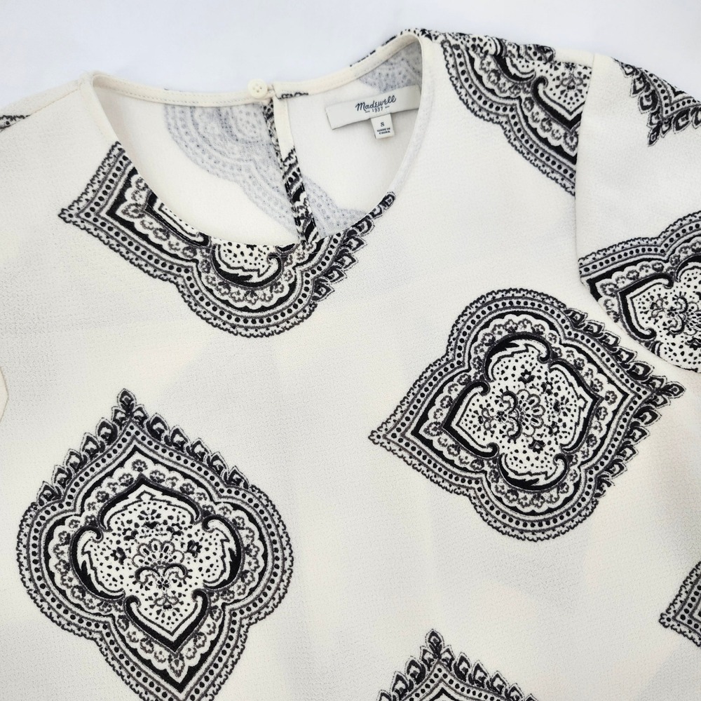 Madewell Cream Black Medallion Crepe Blouse Womens Small Career Neutral Workwear